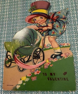 Grande 5" X6 3/4 ANTICA GERMANIA MECCANICA SAN VALENTINO BAMBINA CON CUCCIOLO/PASSEGGINO - Foto 1 di 4