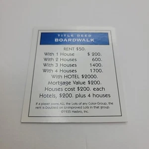 1998 Monopoly Deluxe Edition Game BOARDWALK Deed Card Replacement Piece - Picture 1 of 2