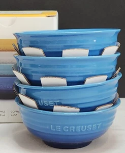 Le Creuset Set of 4 AZURE BLUE Stoneware Dip Bowls 6 oz 180 ml Snack Fruit NIB - Picture 1 of 8
