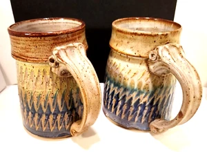 Hand Made Artisan Coffee Mugs Set Earthy Browns with Navy Heavy Signed by Artist - Picture 1 of 6