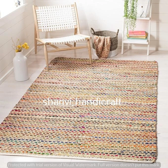 Rugs carpet Jute Cotton Mix Bohemian Area Rug Modern Braided Non Slip Carpet Mat - Image 1 of 4