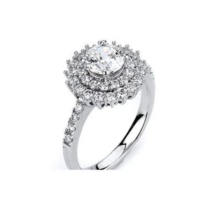 Anillo de compromiso de boda pavé de doble halo circonita cúbica de plata de ley 925 de corte redondo - Imagen 1 de 1