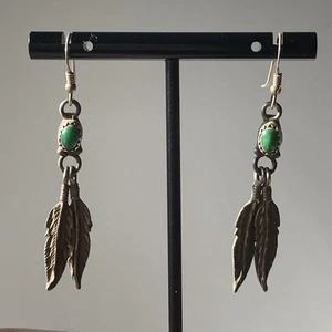 Vintage Sterling Silver 925 Turquoise Feather Earrings Native American Southwest - Picture 1 of 11
