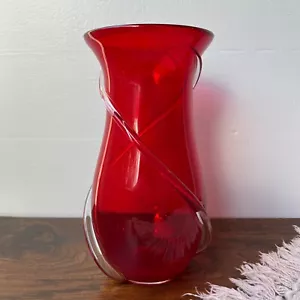 Murano Hand Blown Vase Ruby Red with Clear Swirls 9" Tall - Picture 1 of 15