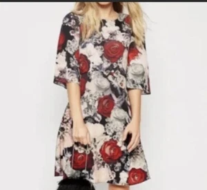 Vestido Aguja e Hilo AGUA ROSA Acampanado Talla 6 Manga Corta Floral Gris Granate Rosa - Imagen 1 de 10