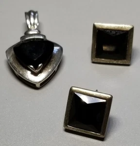 Vintage Sterling 925 facettierter schwarzer Onyx Anhänger und Ohrringe Made in Hong Kong - Bild 1 von 12