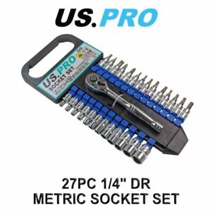 US PRO Tools 27pc 1/4 Dr Metric Socket & Bit Set Hex & Torx 3249