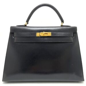 HERMES Kelly32 Outer sewing Tote Bag Hand Bag Boxcalf Black/GoldHardware