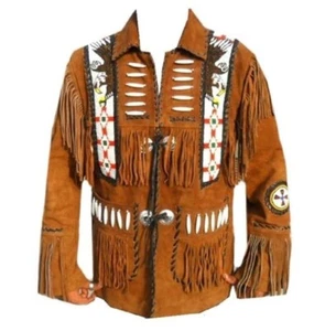 Men Brown Eagle Beads Western Cowboy Suede Jacket, Fringes Jacket - Picture 1 of 3