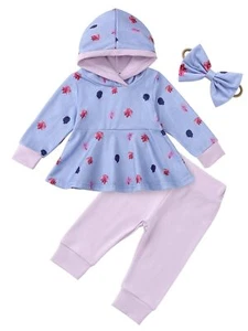 Baby Girl Clothes Fall Winter Infant Hoodie Tops Floral Pants with cute Headb... - Picture 1 of 8