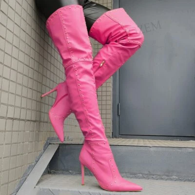 Botas femininas coxa alta cravejadas salto agulha acima do joelho botas sapatos de couro sintético - Imagem 1 de 4