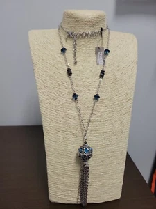 Chicos Boho Statement Necklace Long Turquoise Rhinestone Tassel Silvertone NWT - Picture 1 of 10