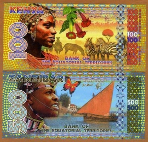 SET, Equatorial Territories, 100;500 E Francs Kenya, Zanzibar POLYMER 2015, UNC - Picture 1 of 2