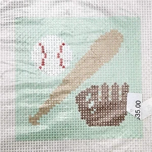 JUDIE HP NEEDLEPOINT CANVAS:  BASEBALL MAKE COASTER, PILLOW INSERT     BM - Picture 1 of 2