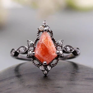 Natural Sunstone Kite Ring 925 Silver Black Oxidized Dainty Jewelry - Picture 1 of 20