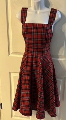 NEW Hell Bunny Red Plaid Pinafore Dress Christmas Medium Rockabilly Pinup Swing - Image 1 of 4