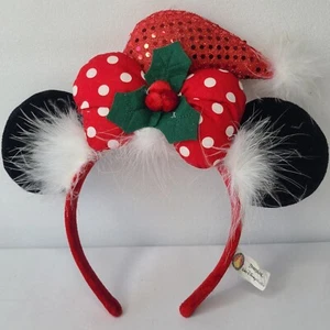 Cappello di Natale Walt Disney World Minnie topo paillettes rosso fascia orecchie fiocco - Foto 1 di 21