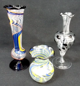 Vintage Bimini Glass Lot of 3 Black Blue Yellow Sticker Swirl Bud Vases Art Deco - Picture 1 of 15