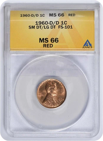 1960-D/D Lincoln Cent Small Date/Large Date FS-101 MS66RED ANACS Cover