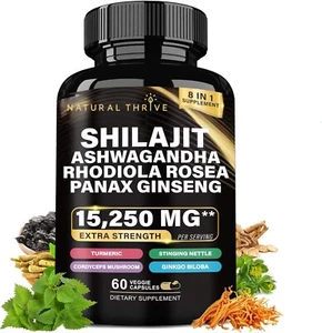 Natural Thrive 8-in-1 Supplement Shilajit Ashwagandha Rhodiola Ginseng 15,250 MG - Picture 1 of 4