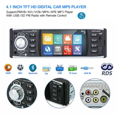 Single 1 Din 4" In-Dash Car Radio Stereo Mirror RDS/AM/FM Touch Screen Bluetooth - Image 1 of 4