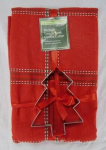Holiday Time 2 Red Kitchen Towels With Cookie Cutter UNUSED Christmas Tree (O) - Picture 1 of 5
