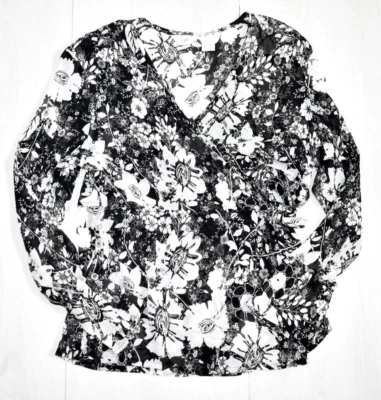 J.Jill 100% Silk Wrap Blouse Women's 12 Floral Black White Long Sleeve Sheer - Image 1 of 4