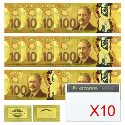 Canada 100 Dollars Maple Leaves 10pcs in Shell Gold Foil Plastic Banknotes - Image 1 of 4