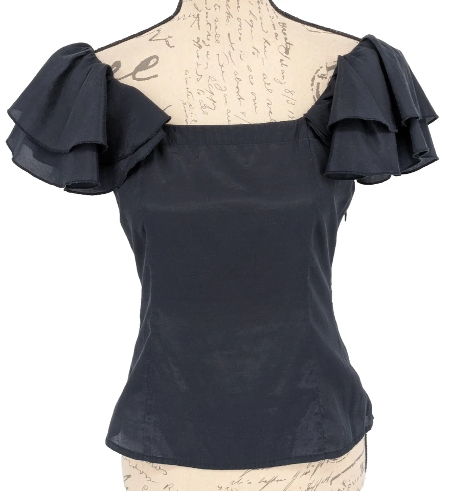 Blusa Top Limitada XS Azul Marino Recortada Volantes Hombros Cuello Cuadrado Y2K Retro Foto 1 de 4