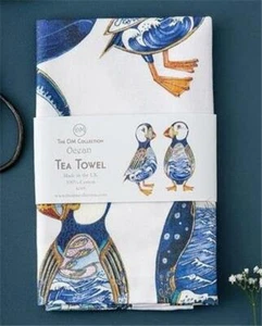 Ocean Scene Cotton Tea Towel UK Puffin Whale  Penguin Collectible - Picture 1 of 6