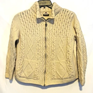 Carraigdonn Irish Aran Cable Knit Fisherman Merino Wool Full Zip Ecro Music Sz M - Picture 1 of 9