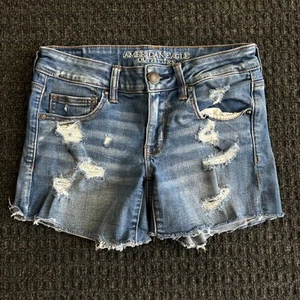 American Eagle Super Low Shortie 6 AEO Denim Jean Shorts Superstretch Distressed - Picture 1 of 9