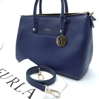 FURLA Linda M Leather 2WAY Crossbody Tote Navy Used Very Good - Image 1 of 4