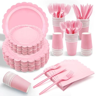 210 peças pratos de papel rosa, guardanapos, 30 convidados, recortados, copos, conjunto de talheres - Imagem 1 de 4
