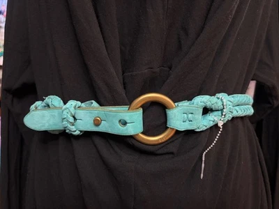 НОВЫЙ RALPH LAUREN RL67 ПЛЕТЕНАЯ ЗАМША КОЖА ЛАТУНЬ O-КОЛЬЦО ПРЯЖКА БИРЮЗОВЫЙ РЕМЕНЬ M - Изображение 1 из 4