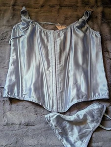 Victoria Secret Corset & Panty Lingerie Set Bustier Baby Blue 100% Silk XL NWT - Picture 1 of 7