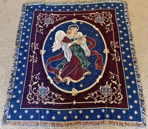 Vintage Christmas Tapestry Throw Blanket Chatham Angel & Harp Cotton USA 50”x46” - Picture 1 of 14