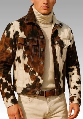 Men’s Western Cowhide Jacket Real Hair-On Pony Hide Leather Coat Genuine Cow - Image 1 of 2
