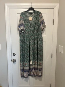 New Bloomchic Green Floral Print Maxi Dress Puff Sleeves Elastic Waist 22/24 - Picture 1 of 7