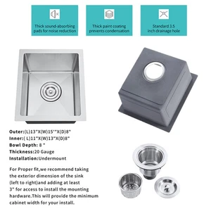 13 x 15 x 8in Nano Kitchen Single Bowl Undermount Stainless Steel Handmade Sink - Picture 1 of 6