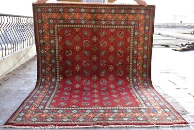 Red Hand Knotted Afghan Bokhara Rug 5x7 ft Geometric Tribal Nomadic Area Carpet - Image 1 of 4