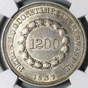 1837 NGC AU Brazil 1200 Reis Crown Silver Coin Rare 6K (23031802C) - Picture 1 of 6