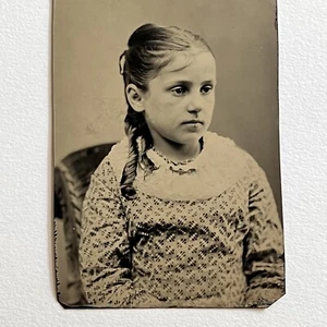 Antique Tintype Photograph Adorable Little Girl Child Print Dress Sweet Collar - Picture 1 of 7