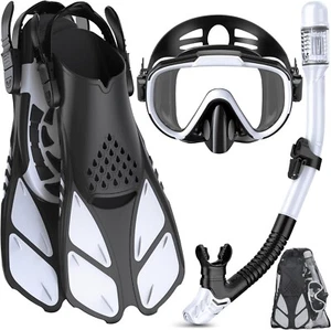 Ubekezele Snorkeling Gear 4in1 Snorkel Set w/ Diving Mask Dry Top Snorkel Fins - Picture 1 of 6