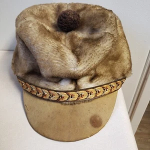 As-is Vintage Mens Brown Pom Pom Fuzzy Winter Hat Faux Fur Leather Bill Small  - Picture 1 of 13