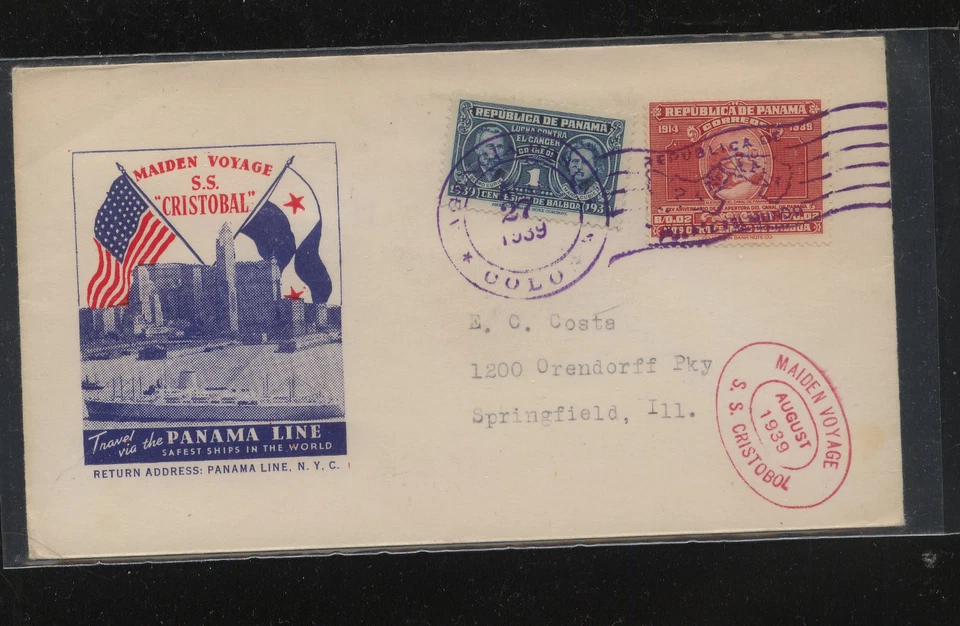 Panamá SS Cristóbal Color Cachet Cubierta Barco 1939 MS0826 Foto 1 de 1