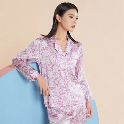 100% Nature Silk Sleepwear Set for Women Long Sleeve Pajamas Pant Printing Set Foto 1 de 4