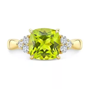 Cushion Peridot Diamond Engagement Ring 14K Yellow Gold 2.45 TCW Natural - Picture 1 of 2