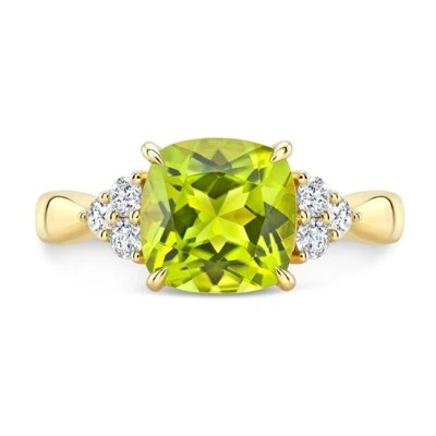 Cushion Peridot Diamond Engagement Ring 14K Yellow Gold 2.45 TCW Natural - Image 1 of 2