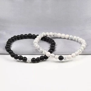 2X BRACCIALE IN PIETRA TURCHESE BIANCO E ANICE NERO OPACA UNISEX 8mm - Foto 1 di 3